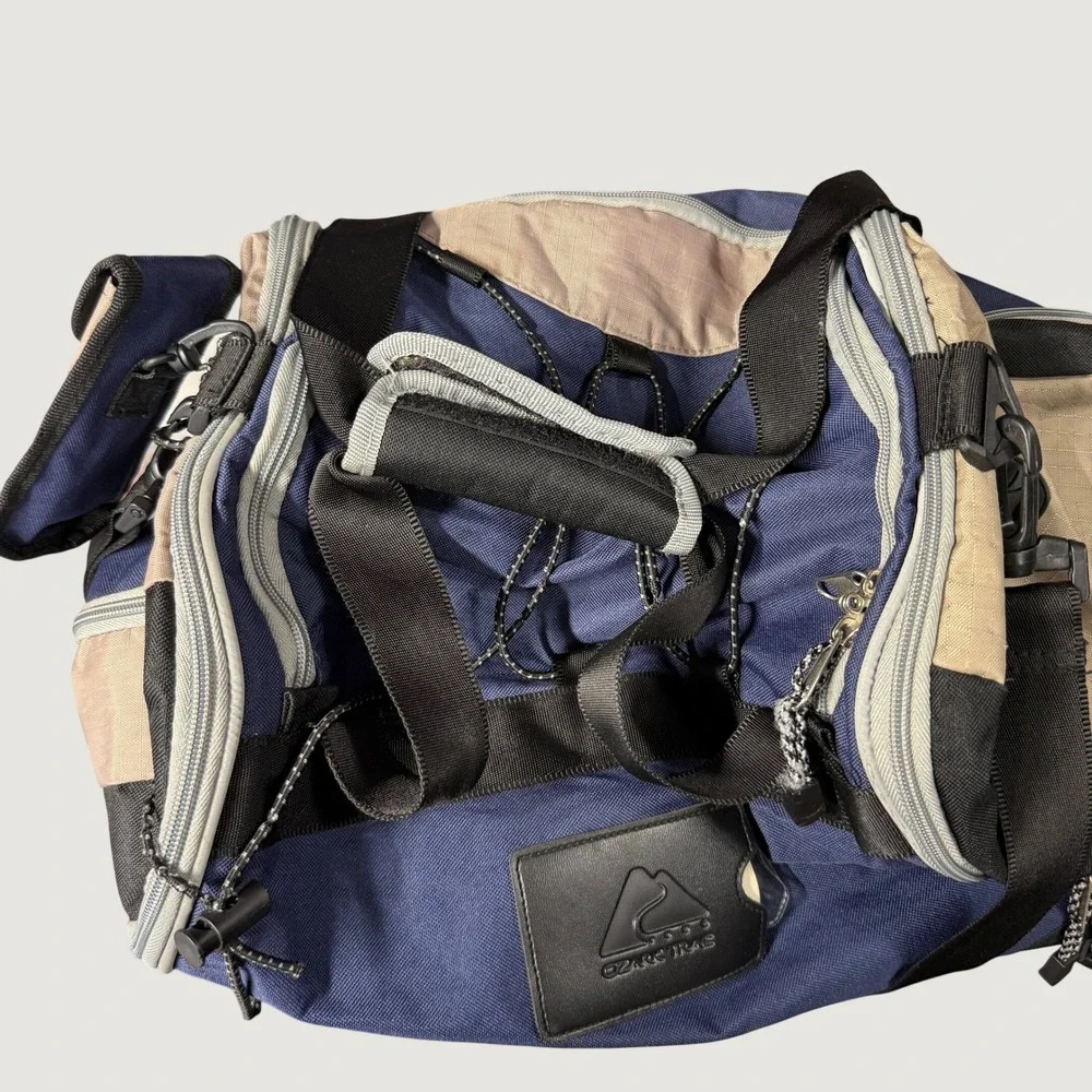 Ozark Trail Vintage Duffel Bag Blue Tan Travel Nylon Outdoor Multi-Pocket Bag